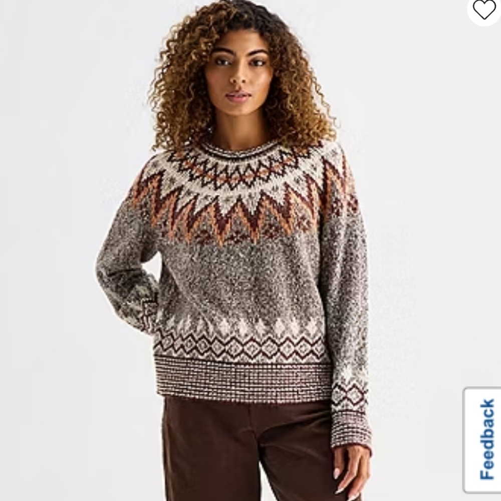 a.n.a Fair Isle Crew Neck Sweater Earth Tone Geometric Knit Size M Cottagecore